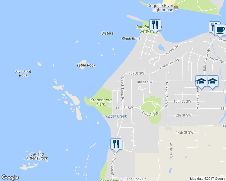 map of restaurants, bars, coffee shops, grocery stores, and more near 943 Portland Avenue Southwest in Bandon