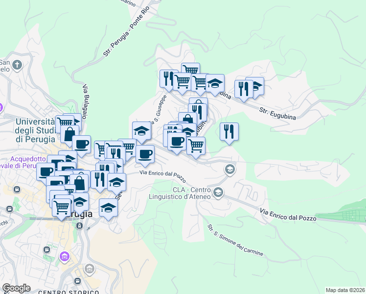 map of restaurants, bars, coffee shops, grocery stores, and more near 11 Via Eugubina in Perugia