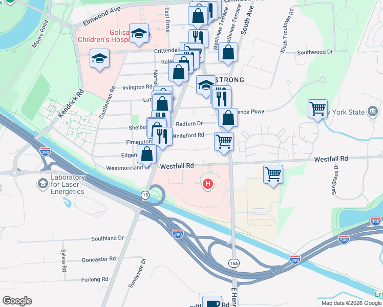 map of restaurants, bars, coffee shops, grocery stores, and more near 106 Cimarron Drive in Rochester