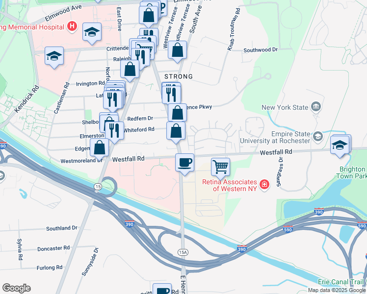 map of restaurants, bars, coffee shops, grocery stores, and more near 312 East Henrietta Road in Rochester