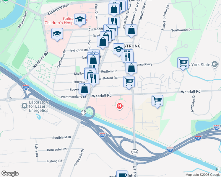 map of restaurants, bars, coffee shops, grocery stores, and more near 106 Cimarron Drive in Rochester