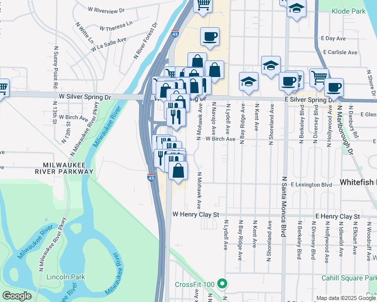 map of restaurants, bars, coffee shops, grocery stores, and more near 5442 North Iroquois Avenue in Glendale