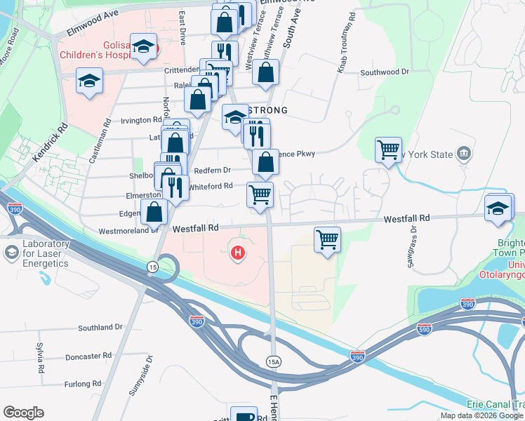 map of restaurants, bars, coffee shops, grocery stores, and more near 313 East Henrietta Road in Rochester