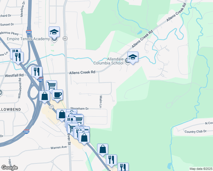 map of restaurants, bars, coffee shops, grocery stores, and more near 5 Whitestone Lane in Rochester
