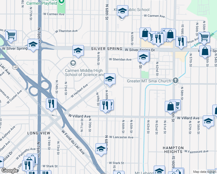 map of restaurants, bars, coffee shops, grocery stores, and more near 5354 North 68th Street in Milwaukee