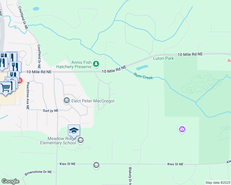 map of restaurants, bars, coffee shops, grocery stores, and more near 5524 10 Mile Road Northeast in Rockford