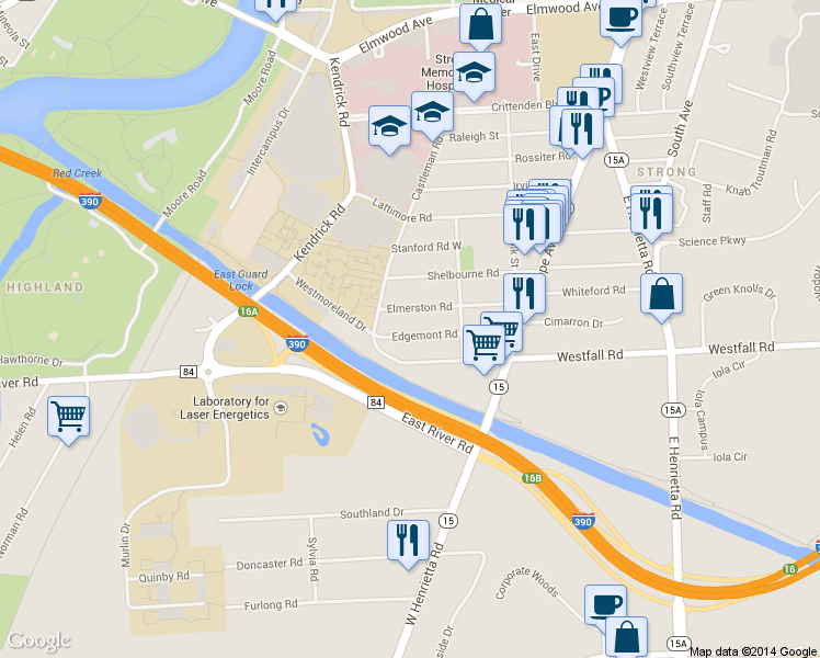 map of restaurants, bars, coffee shops, grocery stores, and more near 150 Edgemont Road in Rochester
