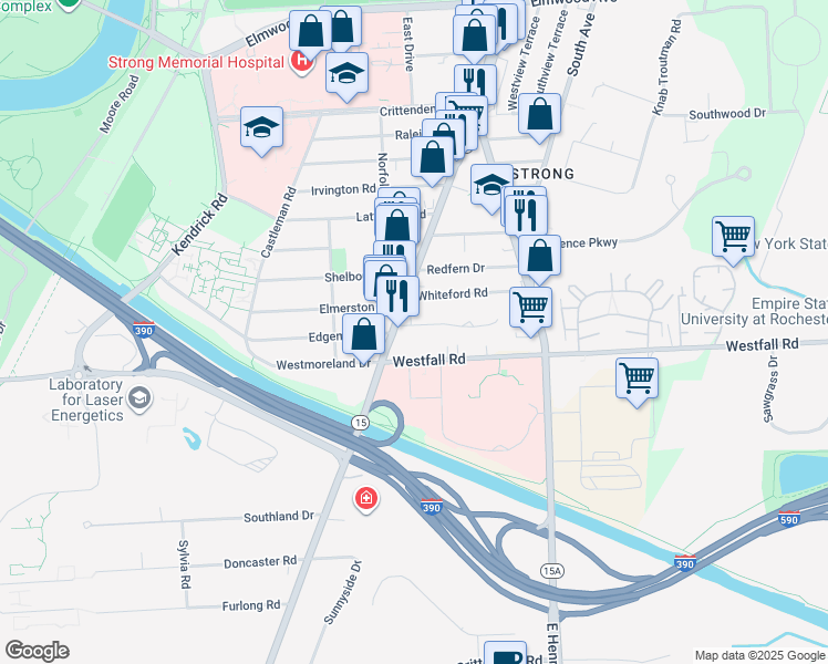 map of restaurants, bars, coffee shops, grocery stores, and more near 23 Cimarron Drive in Rochester