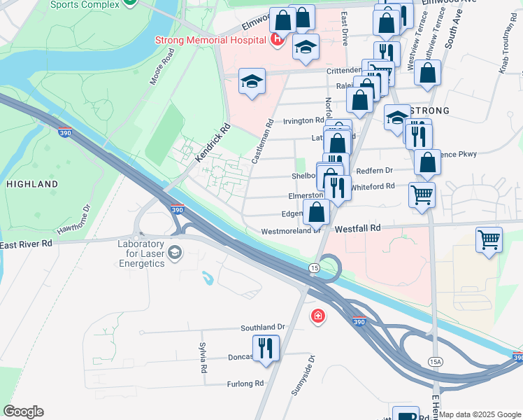 map of restaurants, bars, coffee shops, grocery stores, and more near 156 Edgemont Road in Rochester