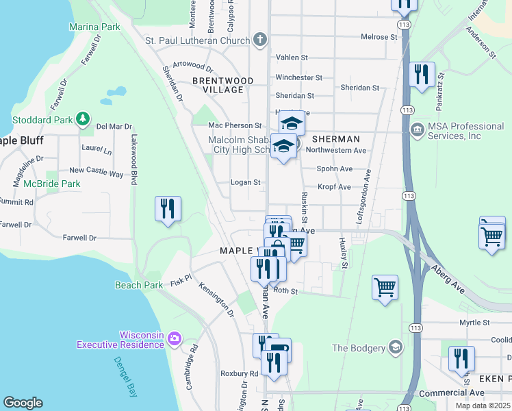 map of restaurants, bars, coffee shops, grocery stores, and more near 1422 North Sherman Avenue in Madison