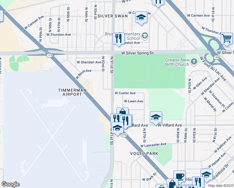 map of restaurants, bars, coffee shops, grocery stores, and more near 9021 West Custer Avenue in Milwaukee