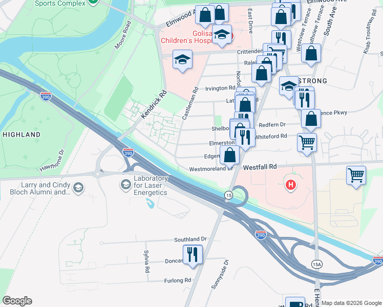 map of restaurants, bars, coffee shops, grocery stores, and more near 150 Edgemont Road in Rochester