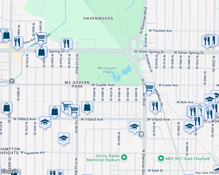 map of restaurants, bars, coffee shops, grocery stores, and more near 4701A West Custer Avenue in Milwaukee