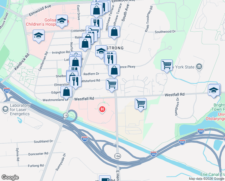map of restaurants, bars, coffee shops, grocery stores, and more near 312 East Henrietta Road in Rochester