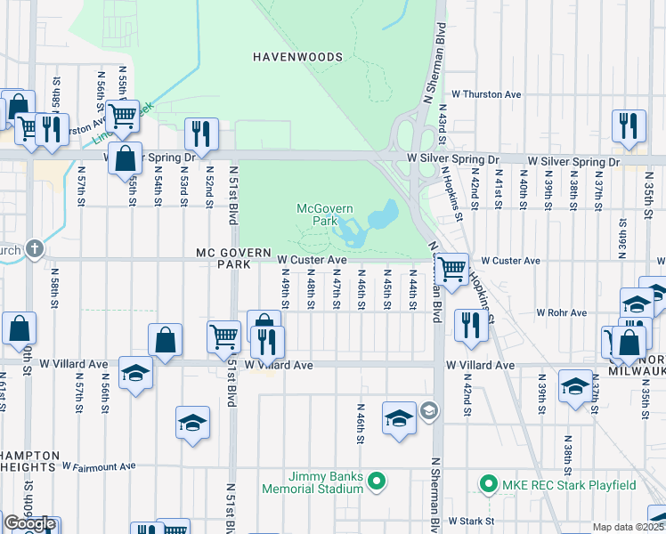 map of restaurants, bars, coffee shops, grocery stores, and more near 4701A West Custer Avenue in Milwaukee