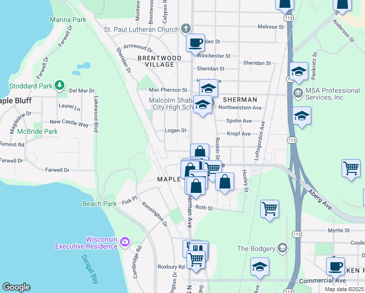 map of restaurants, bars, coffee shops, grocery stores, and more near 1422 North Sherman Avenue in Madison