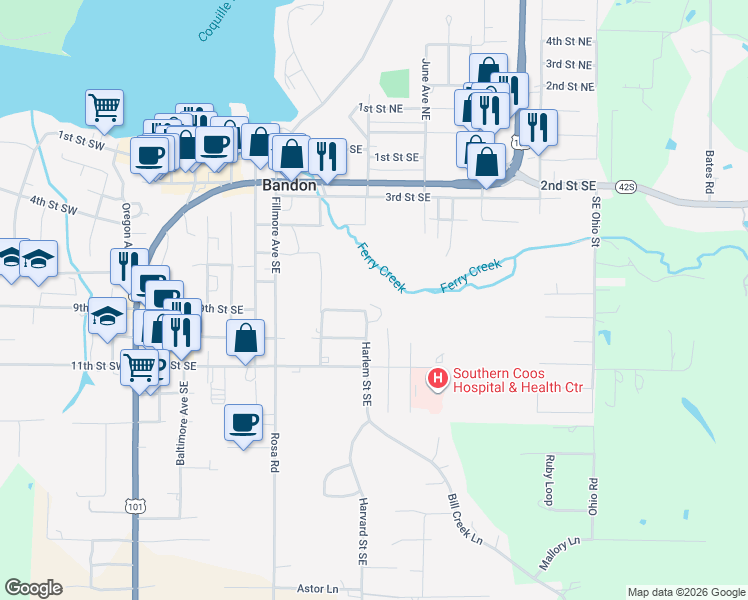 map of restaurants, bars, coffee shops, grocery stores, and more near 845 9th Street Southeast in Bandon