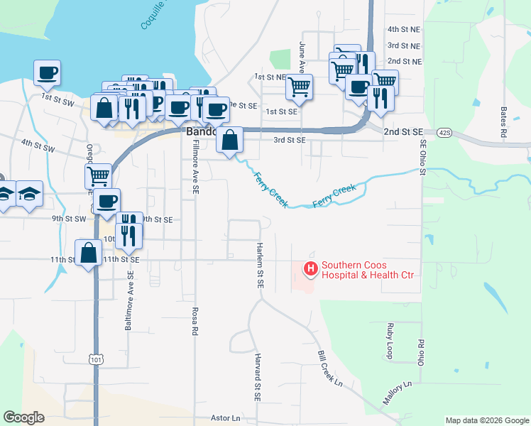 map of restaurants, bars, coffee shops, grocery stores, and more near 845 9th Street Southeast in Bandon