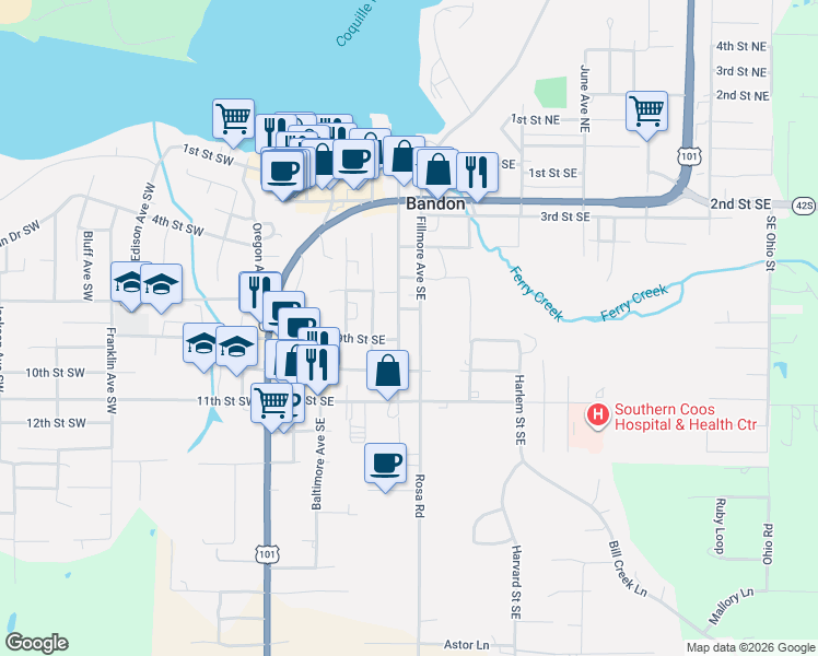 map of restaurants, bars, coffee shops, grocery stores, and more near 875 Elmira Avenue Southeast in Bandon