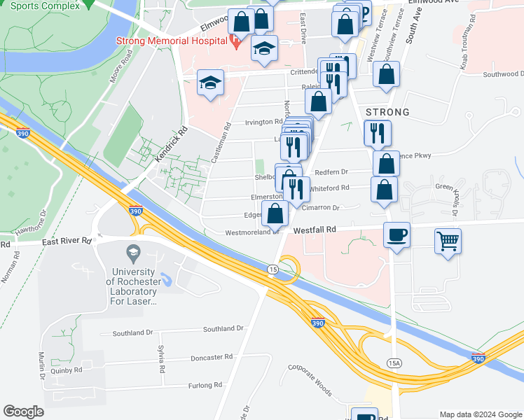 map of restaurants, bars, coffee shops, grocery stores, and more near 64 Edgemont Road in Rochester