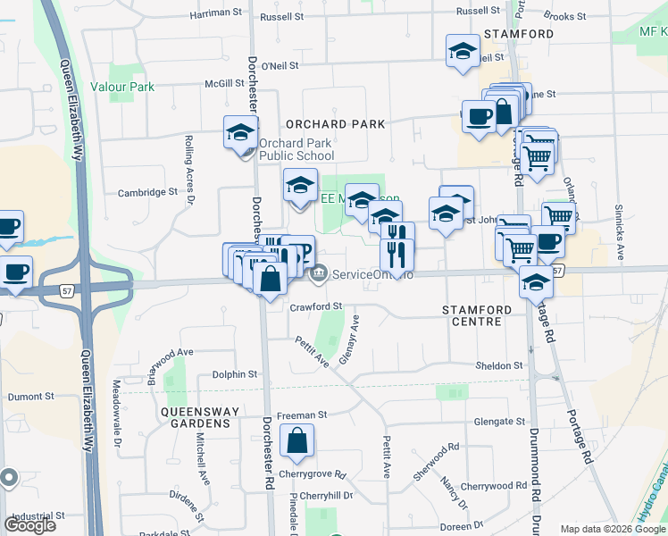 map of restaurants, bars, coffee shops, grocery stores, and more near 6701 Thorold Stone Road in Niagara Falls