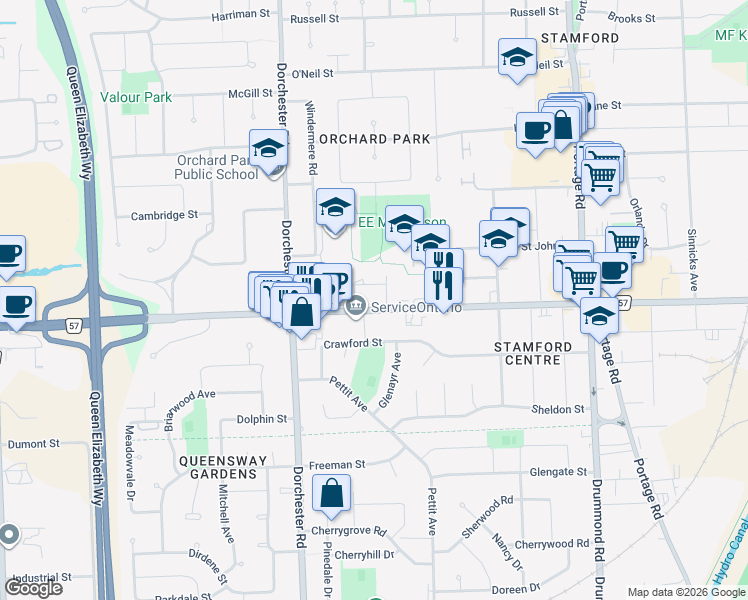 map of restaurants, bars, coffee shops, grocery stores, and more near 6767 Regional Road 57 in Niagara Falls