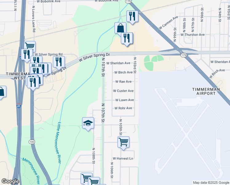 map of restaurants, bars, coffee shops, grocery stores, and more near 10522 West Custer Avenue in Milwaukee