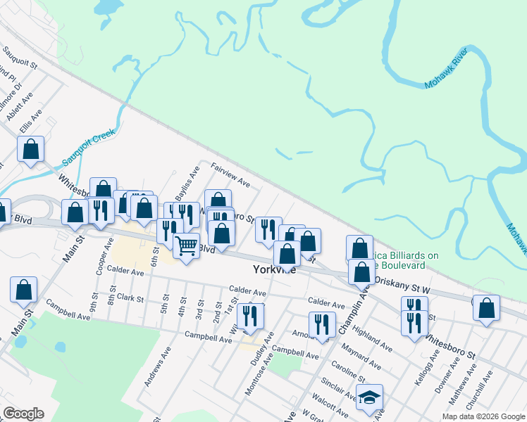 map of restaurants, bars, coffee shops, grocery stores, and more near 3 Trinity Avenue in Yorkville
