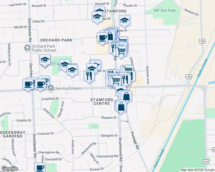 map of restaurants, bars, coffee shops, grocery stores, and more near 6293 Thorold Stone Road in Niagara Falls
