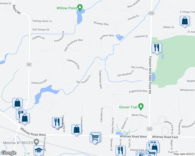 map of restaurants, bars, coffee shops, grocery stores, and more near 129 Eaglesfield Way in Fairport