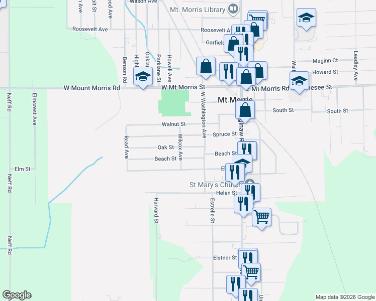 map of restaurants, bars, coffee shops, grocery stores, and more near 551 Oak Street in Mount Morris