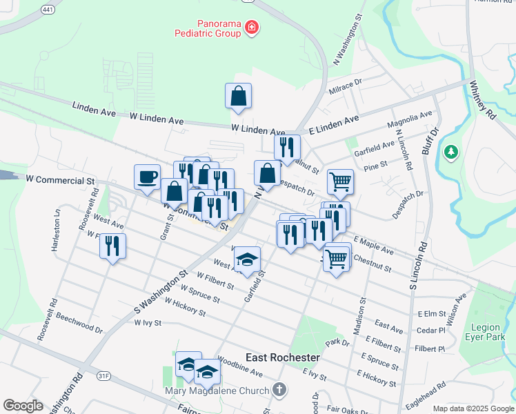 map of restaurants, bars, coffee shops, grocery stores, and more near 232 West Maple Avenue in East Rochester