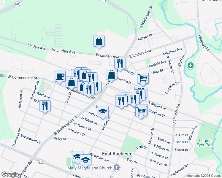 map of restaurants, bars, coffee shops, grocery stores, and more near 226 West Maple Avenue in East Rochester