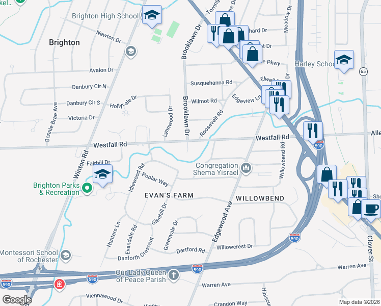 map of restaurants, bars, coffee shops, grocery stores, and more near 2021 Westfall Road in Rochester