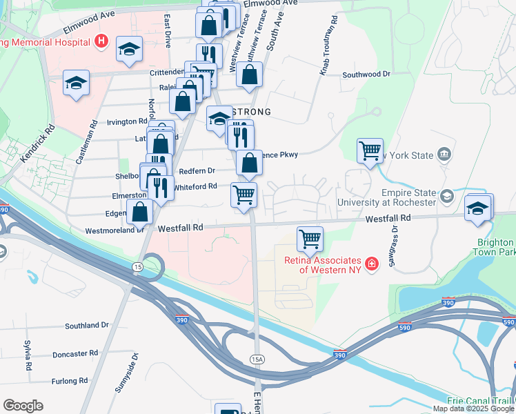 map of restaurants, bars, coffee shops, grocery stores, and more near 312 East Henrietta Road in Rochester