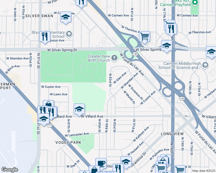 map of restaurants, bars, coffee shops, grocery stores, and more near 5369 North 83rd Street in Milwaukee