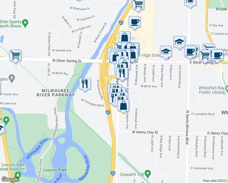 map of restaurants, bars, coffee shops, grocery stores, and more near 5423 North Port Washington Road in Glendale