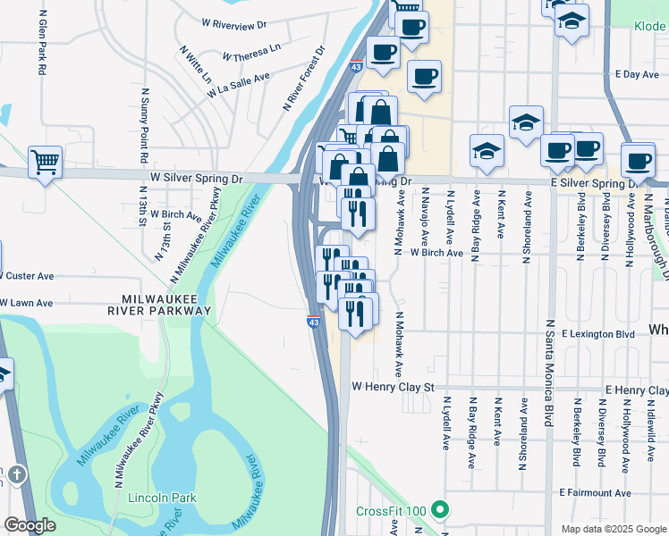 map of restaurants, bars, coffee shops, grocery stores, and more near 5423 North Port Washington Road in Glendale