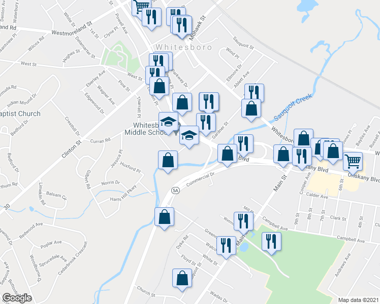 map of restaurants, bars, coffee shops, grocery stores, and more near 65 Oriskany Boulevard in Whitesboro