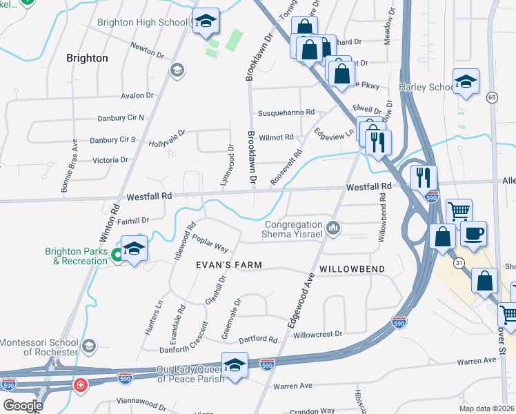 map of restaurants, bars, coffee shops, grocery stores, and more near 2021 Westfall Road in Rochester