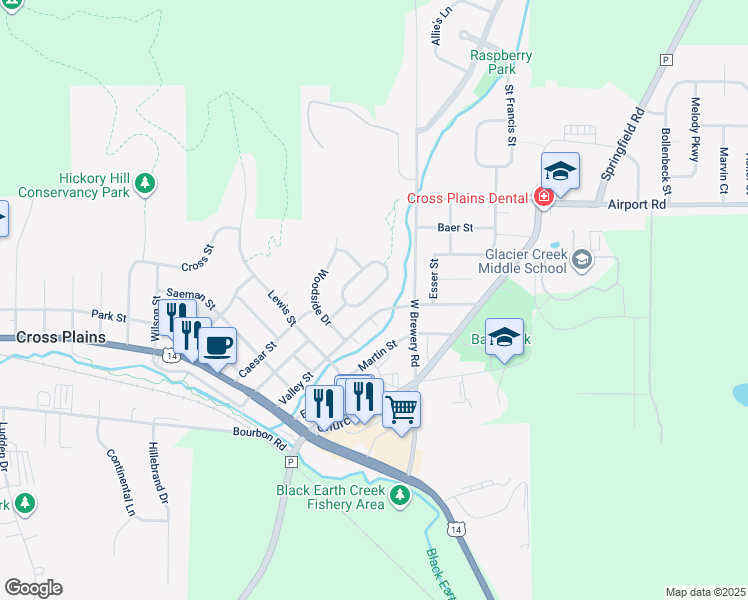 map of restaurants, bars, coffee shops, grocery stores, and more near 2610 South Elmwood Circle East in Cross Plains