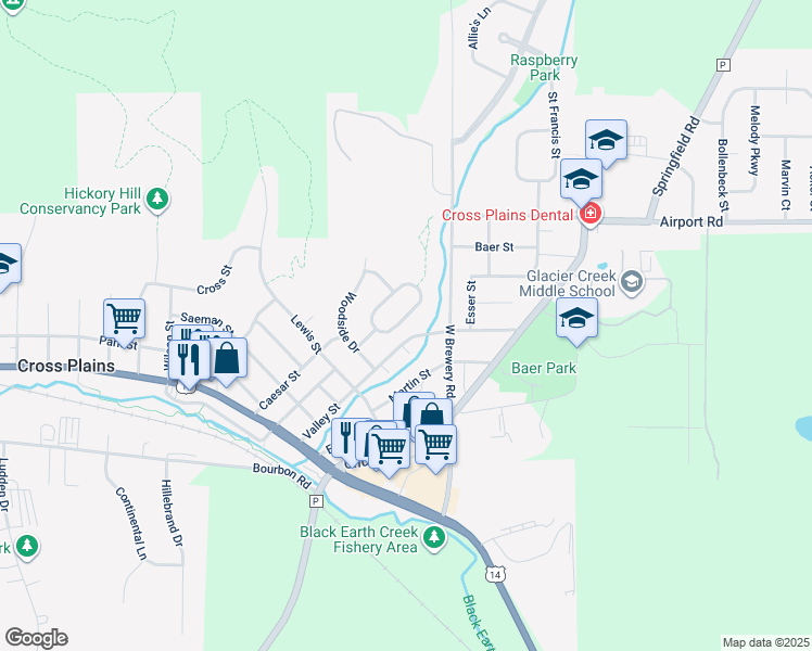 map of restaurants, bars, coffee shops, grocery stores, and more near 2610 South Elmwood Circle East in Cross Plains