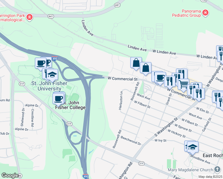 map of restaurants, bars, coffee shops, grocery stores, and more near 50 Harwood Lane in East Rochester