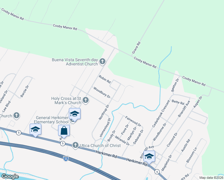 map of restaurants, bars, coffee shops, grocery stores, and more near 517 Dexter Drive in Utica