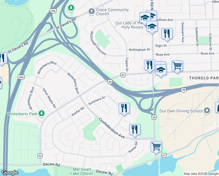 map of restaurants, bars, coffee shops, grocery stores, and more near 62 Silvercrest Court in Thorold