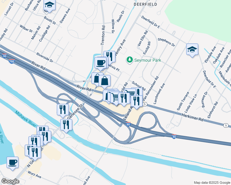 map of restaurants, bars, coffee shops, grocery stores, and more near 101 Herkimer Rd in Utica
