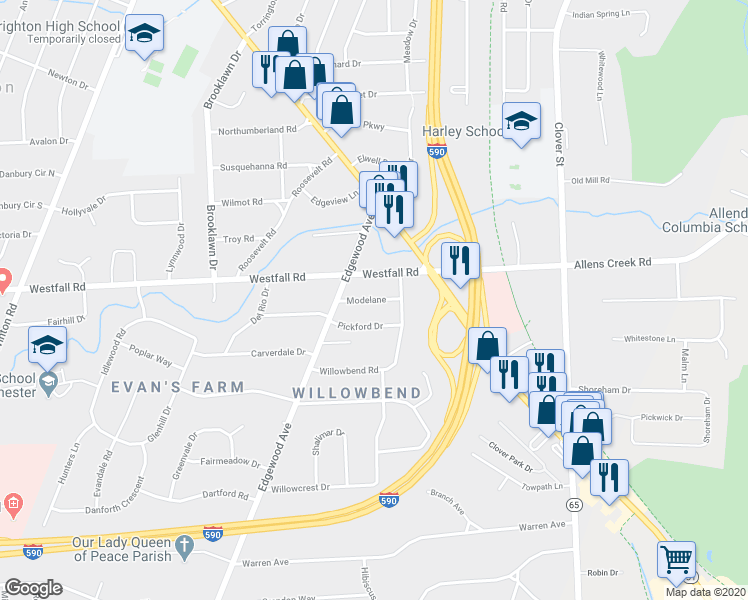 map of restaurants, bars, coffee shops, grocery stores, and more near in Monroe County