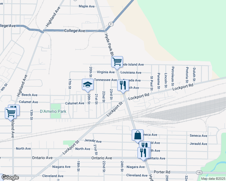map of restaurants, bars, coffee shops, grocery stores, and more near 3102 23rd Street in Niagara Falls