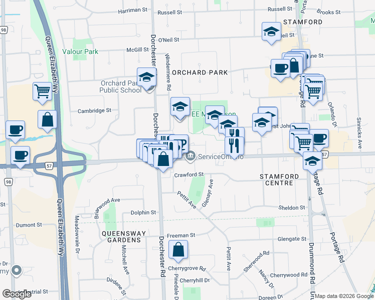 map of restaurants, bars, coffee shops, grocery stores, and more near 6767 Thorold Stone Road in Niagara Falls
