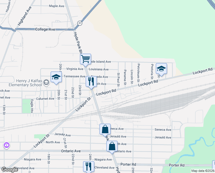 map of restaurants, bars, coffee shops, grocery stores, and more near 3024 Birch Avenue in Niagara Falls